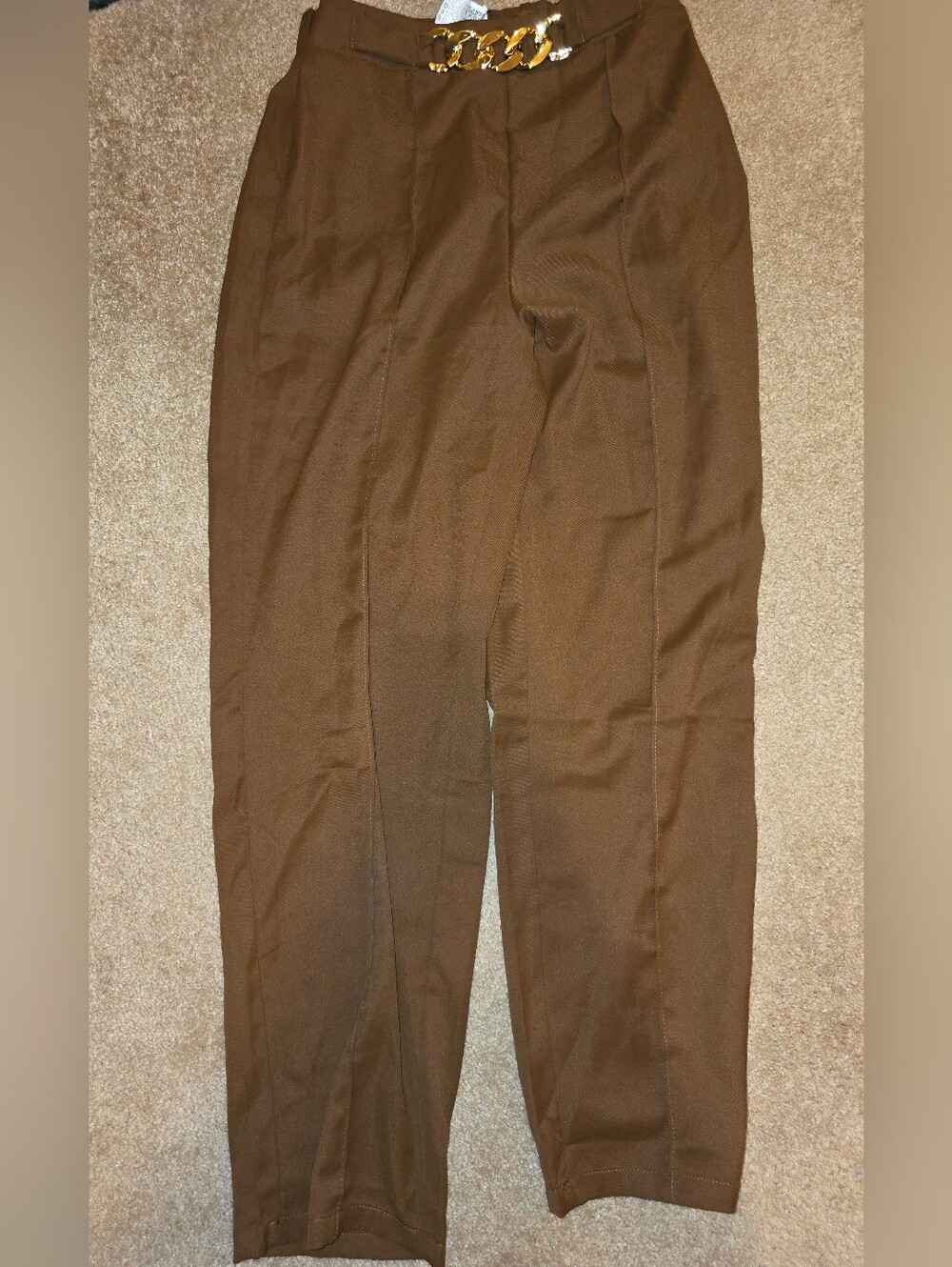 Shein Women's Brown High Waist Wide Leg Pants Gold Belted Dress Pants Sz M